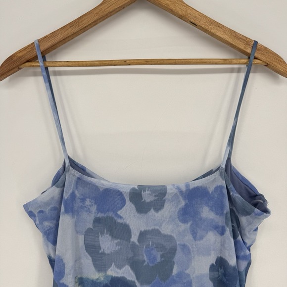 See You Monday Mini Dress Women's Size XL Blue Floral Spaghetti Strap Micro Mesh - Picture 8 of 9